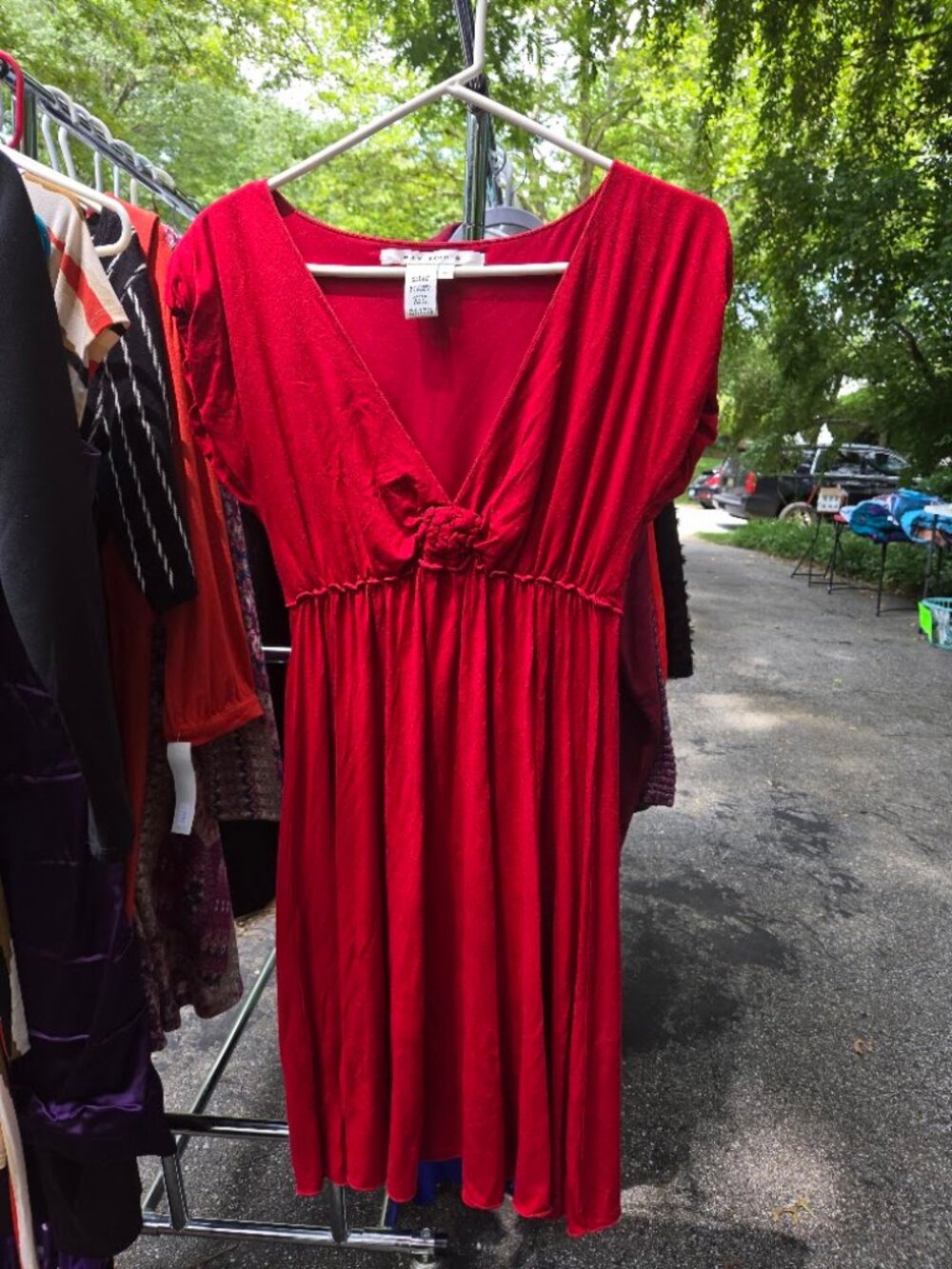 Max Studio Red Empire Waist Jersey Dress Floral Rosette Detail Size L
